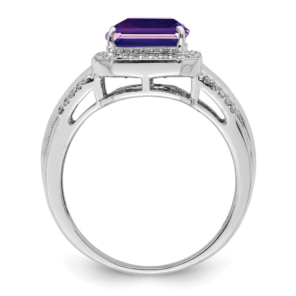 Rhodium-Plated Square Amethyst & Diamond Ring in Sterling Silver