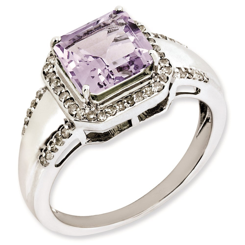 Rhodium-Plated Square Diamond & Pink Quartz Ring in Sterling Silver