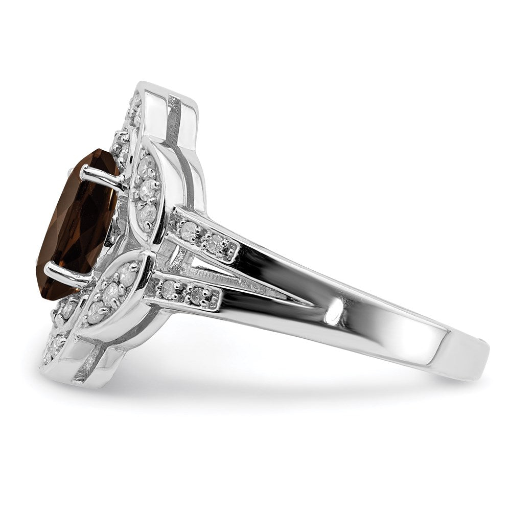 Rhodium Oval Diamond & Smoky Quartz Ring in Sterling Silver