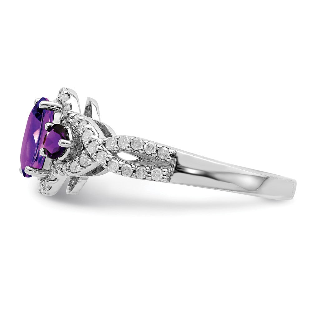 Rhodium-Plated Oval Amethyst & Diamond Ring in Sterling Silver