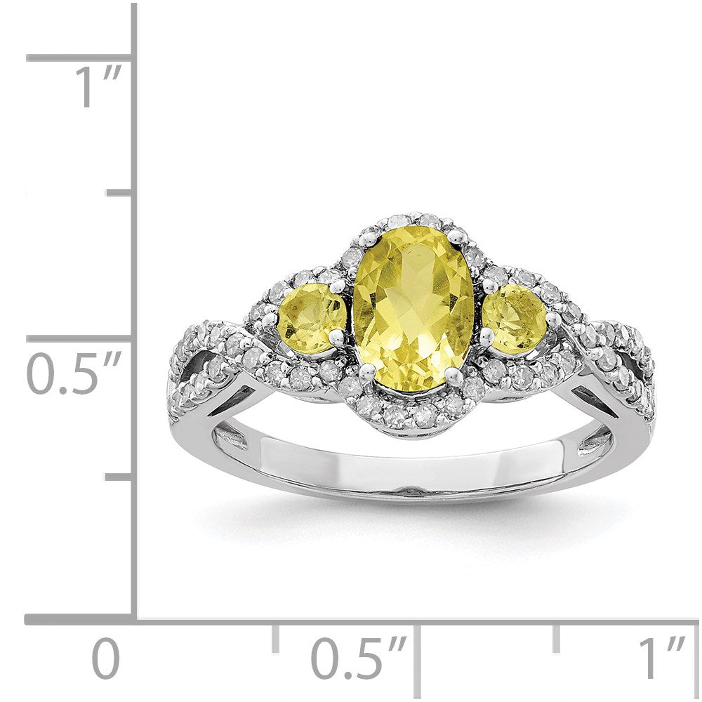 Rhodium Oval Diamond & Lemon Quartz Ring in Sterling Silver