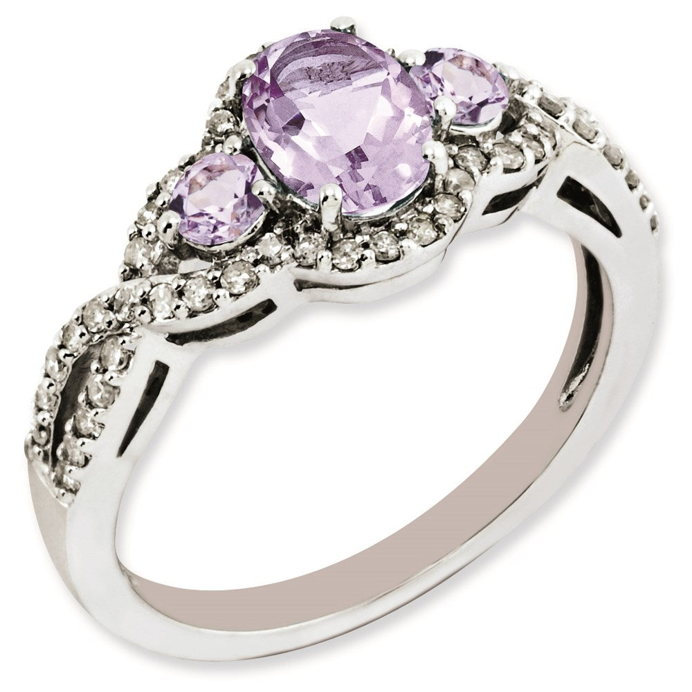Rhodium-Plated Diamond & Pink Quartz Ring in Sterling Silver
