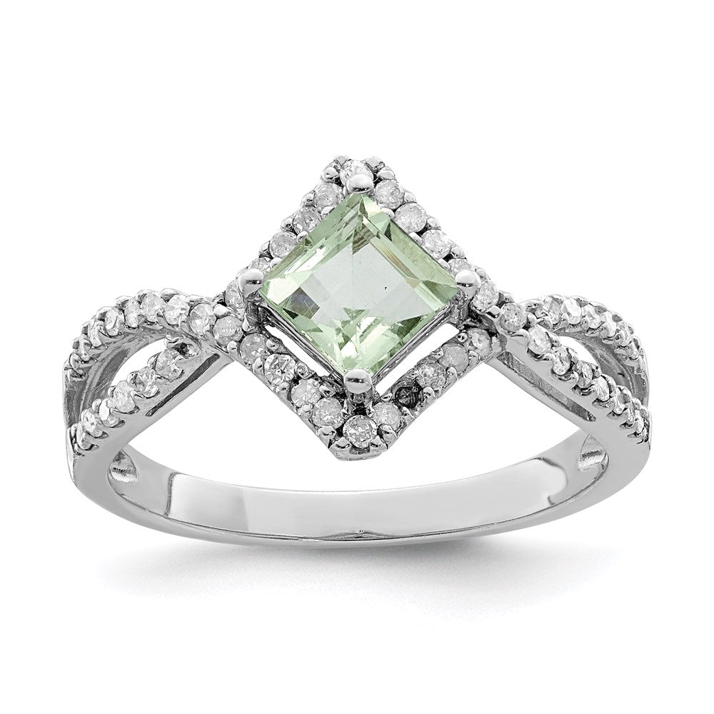 Rhodium Green Quartz & Diamond Ring in Sterling Silver