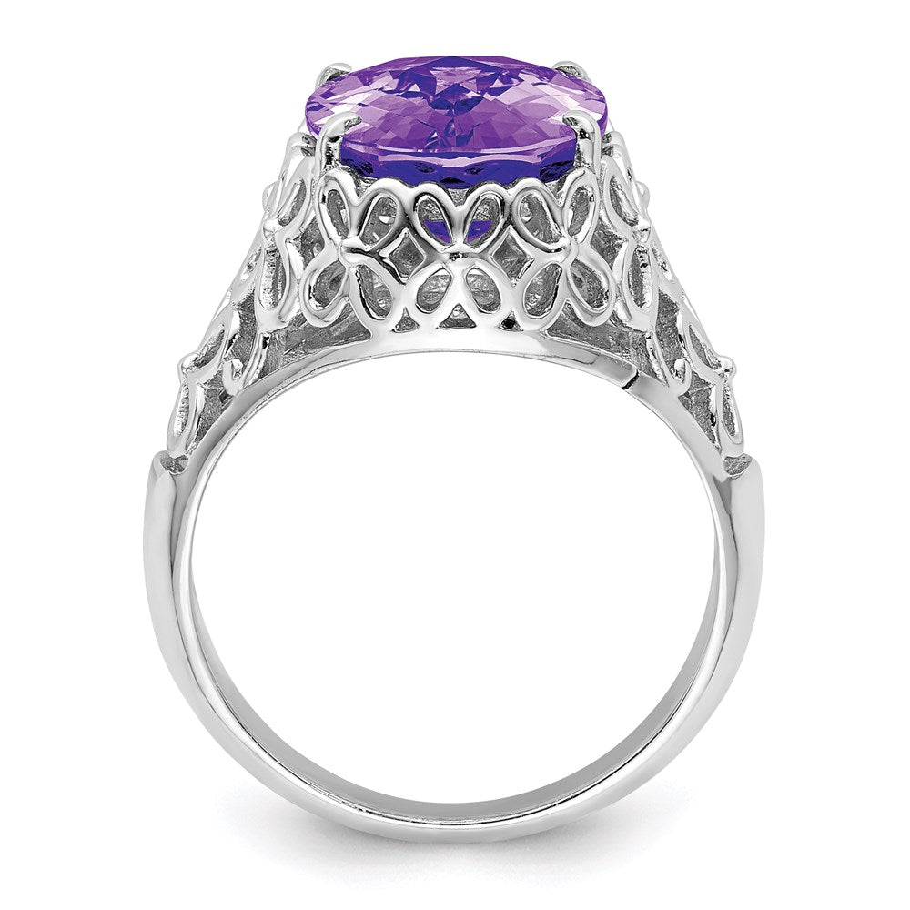Rhodium-Plated Oval Checker-Cut Amethyst Ring in Sterling Silver