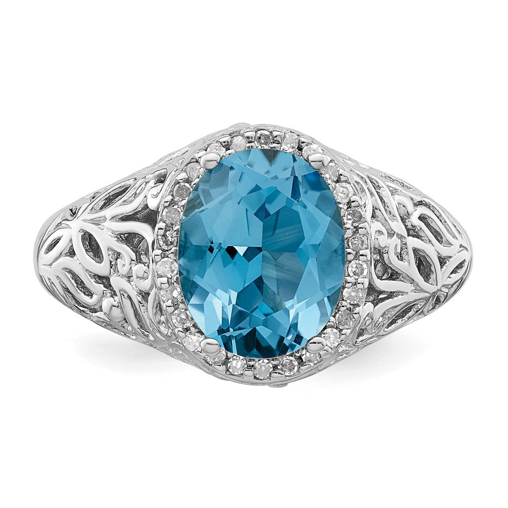 Rhodium Oval Swiss Blue Topaz & Diamond Ring in Sterling Silver