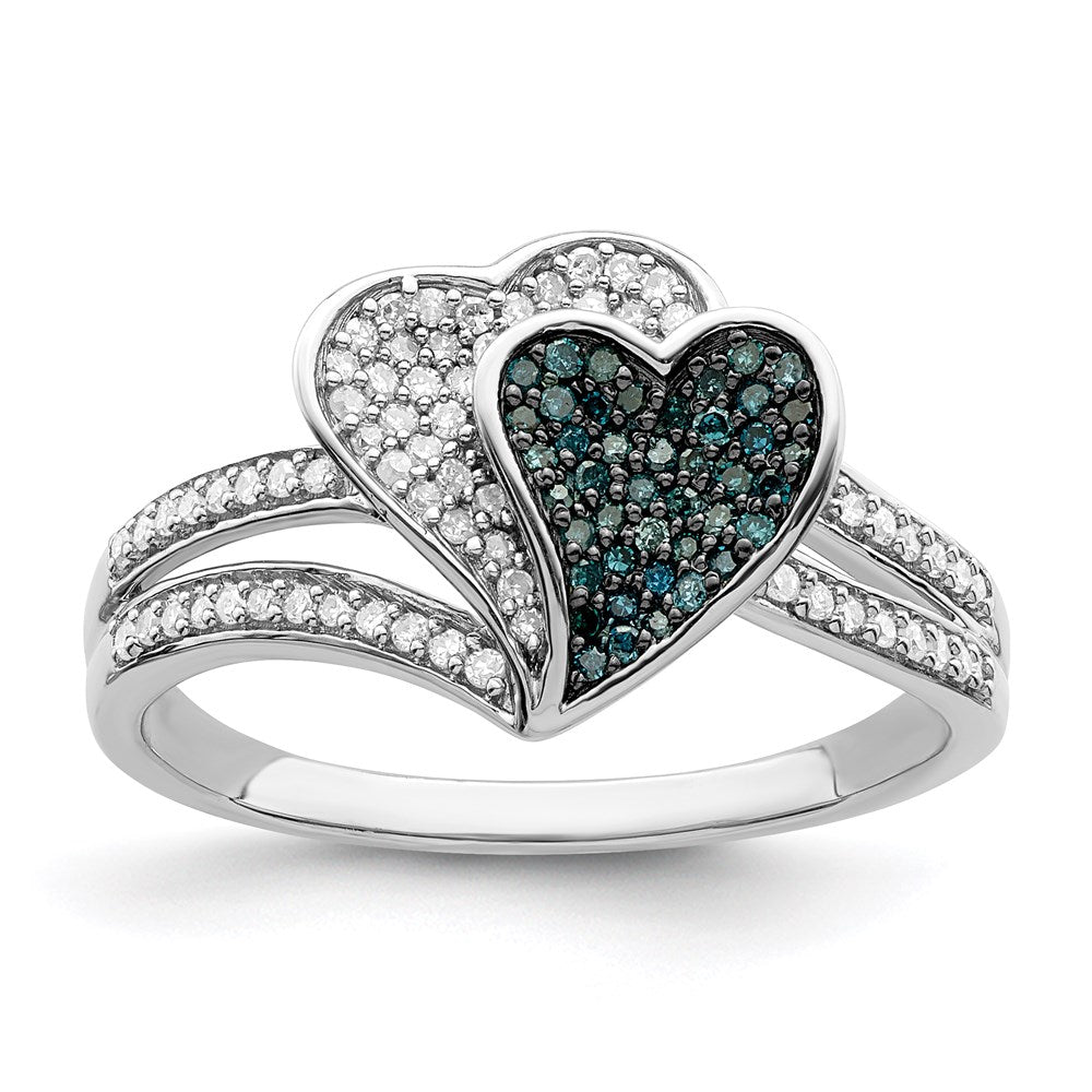 White Night Sterling Silver Rhodium-Plated Blue & White Diamond Hearts Ring