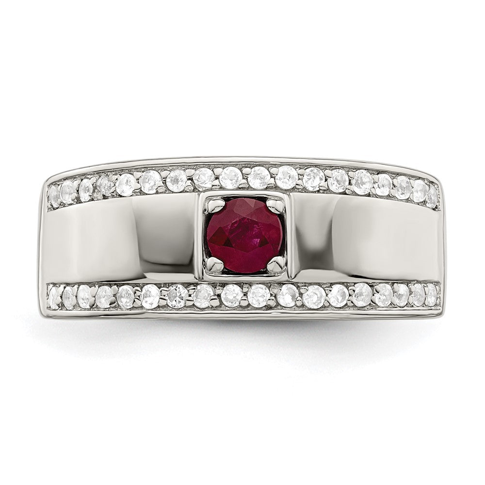 Rhod-Plated Men's African Ruby & White Topaz Ring in Sterling Silver
