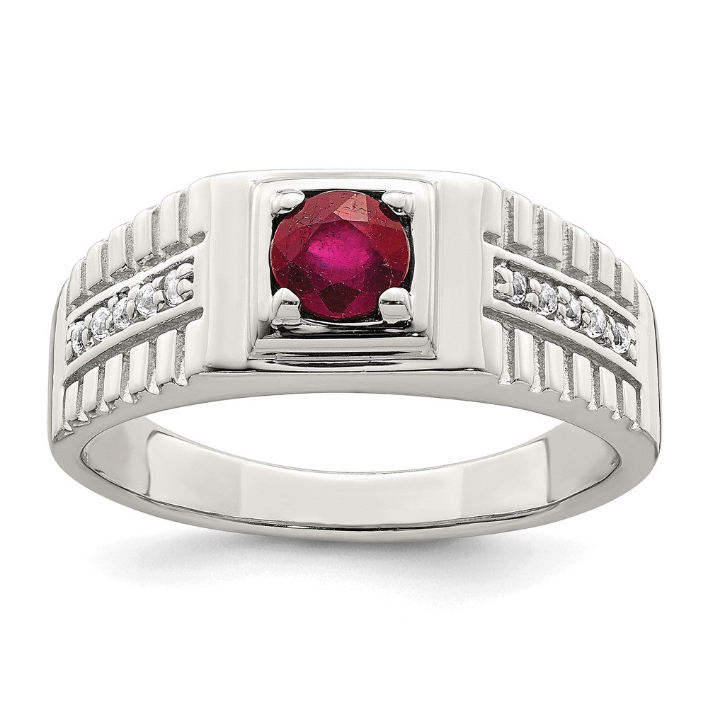 Rhod-Plated Men's African Ruby & White Topaz Ring in Sterling Silver