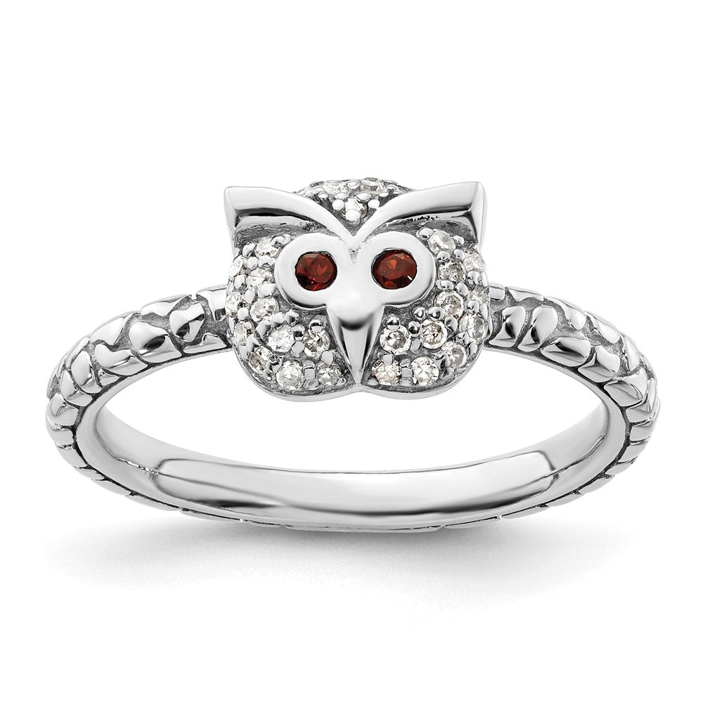 Stackable Expressions Garnet & Diamond Owl Ring in Sterling Silver