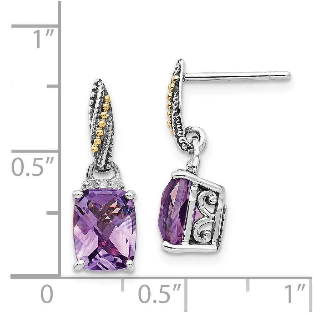 Shey Couture Sterling Silver with 14k Accent Antiqued Diamond & Cushion Amethyst Dangle Post Earrings