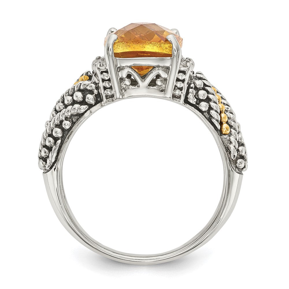 Shey Couture Sterling Silver with 14k Accent Antiqued Diamond & Checkerboard Cushion Citrine Ring