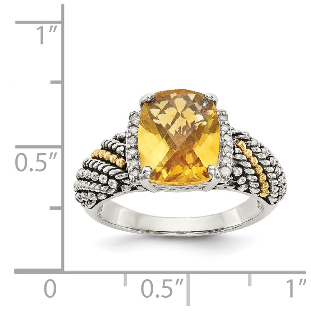 Shey Couture Sterling Silver with 14k Accent Antiqued Diamond & Checkerboard Cushion Citrine Ring