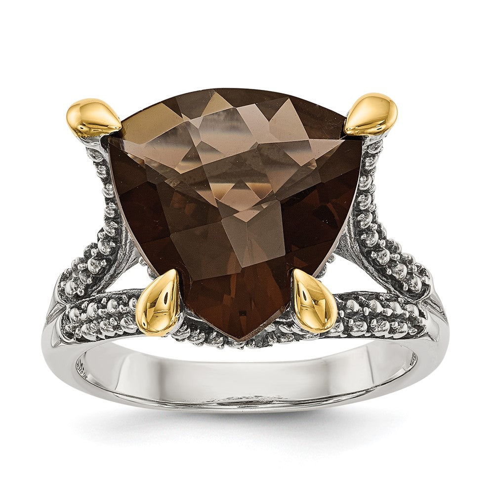 Shey Couture Sterling Silver with 14k Accent Antiqued Trillion Checkerboard Smoky Quartz Ring
