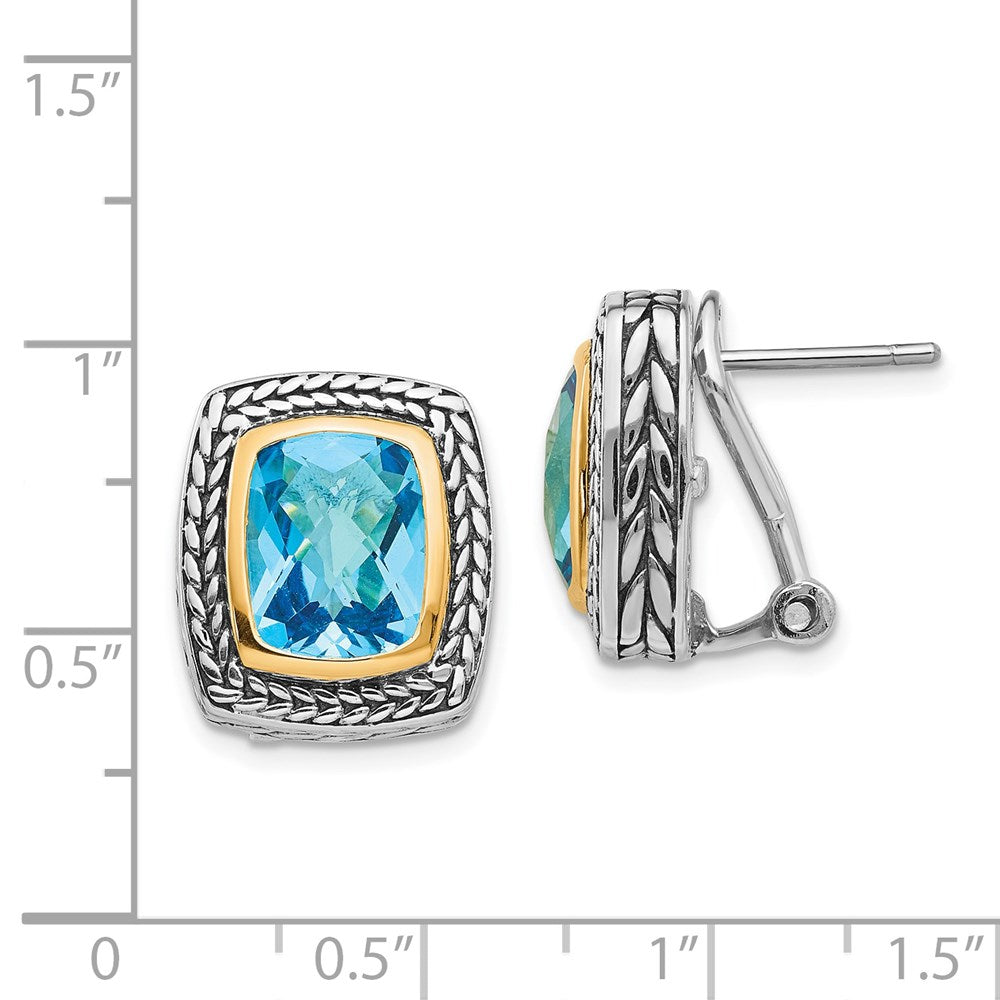 Shey Couture Sterling Silver with 14k Accent Antiqued Cushion Bezel Swiss Blue Topaz Omega Back Earrings