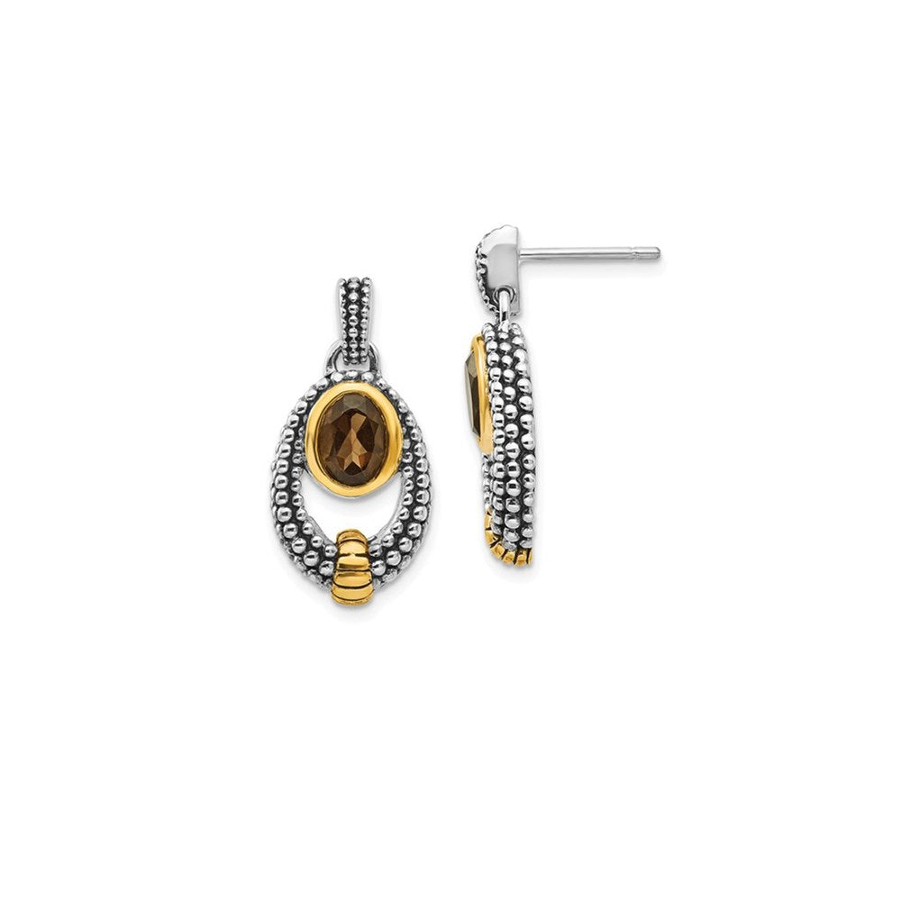 Shey Couture Sterling Silver Gold-tone Flash Gold-Plated Antiqued Oval Bezel Smoky Quartz Post Dangle Earrings