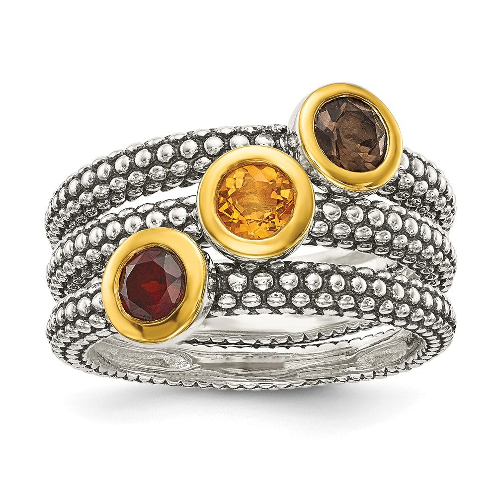 Shey Couture Sterling Silver Gold-tone Flash Gold-Plated Antiqued Round Bezel .30Garnet/.20Citrine/.20Smoky Quartz 3 Stackable Rings