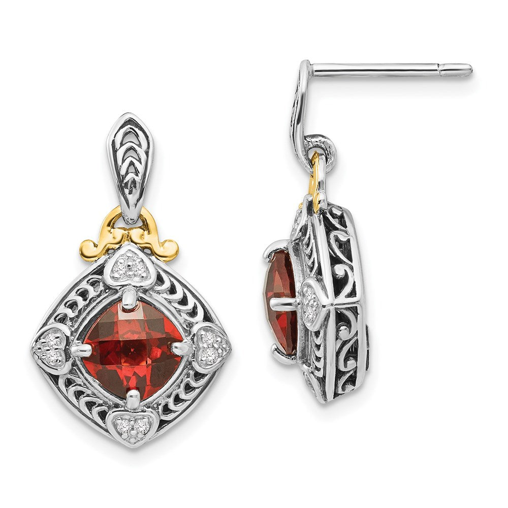 Shey Couture Sterling Silver with 14k Accent Antiqued Diamond & Cushion Garnet Post Dangle Earrings