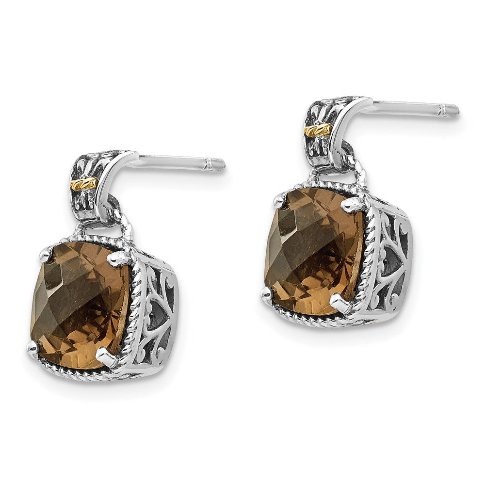Shey Couture Sterling Silver with 14k Accent Antiqued Cushion Smoky Quartz Dangle Post Earrings