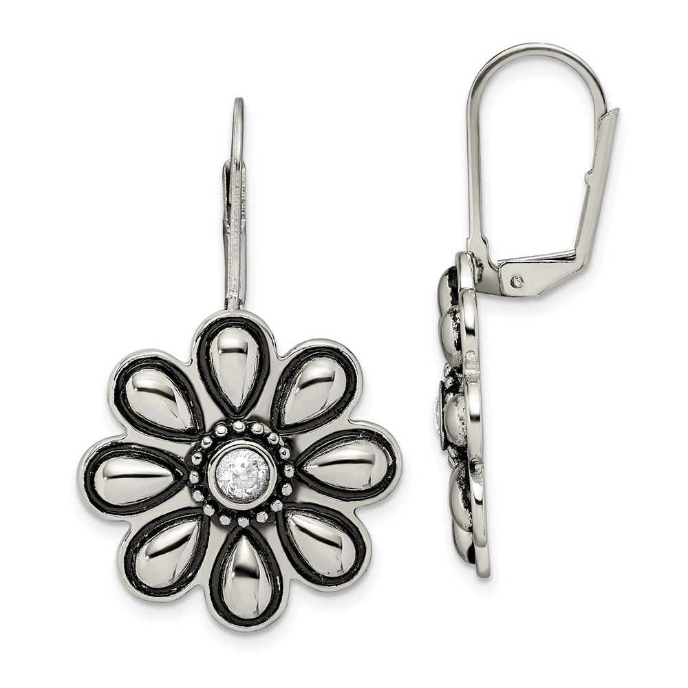 Antiqued & Polished CZ Flower Leverback Earrings in Stainless Steel