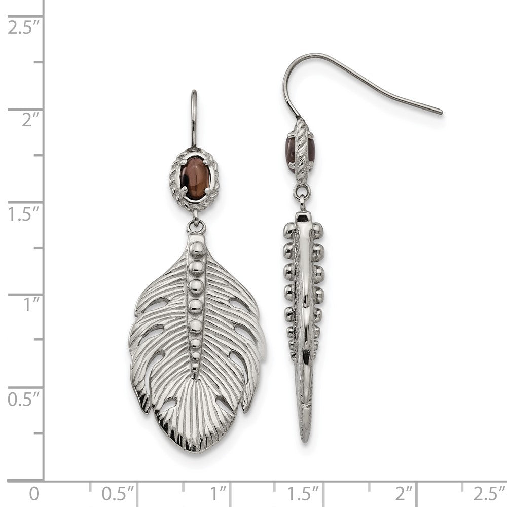 Polished & Textured Smoky Quartz Feather Earrings in Stainless Steel