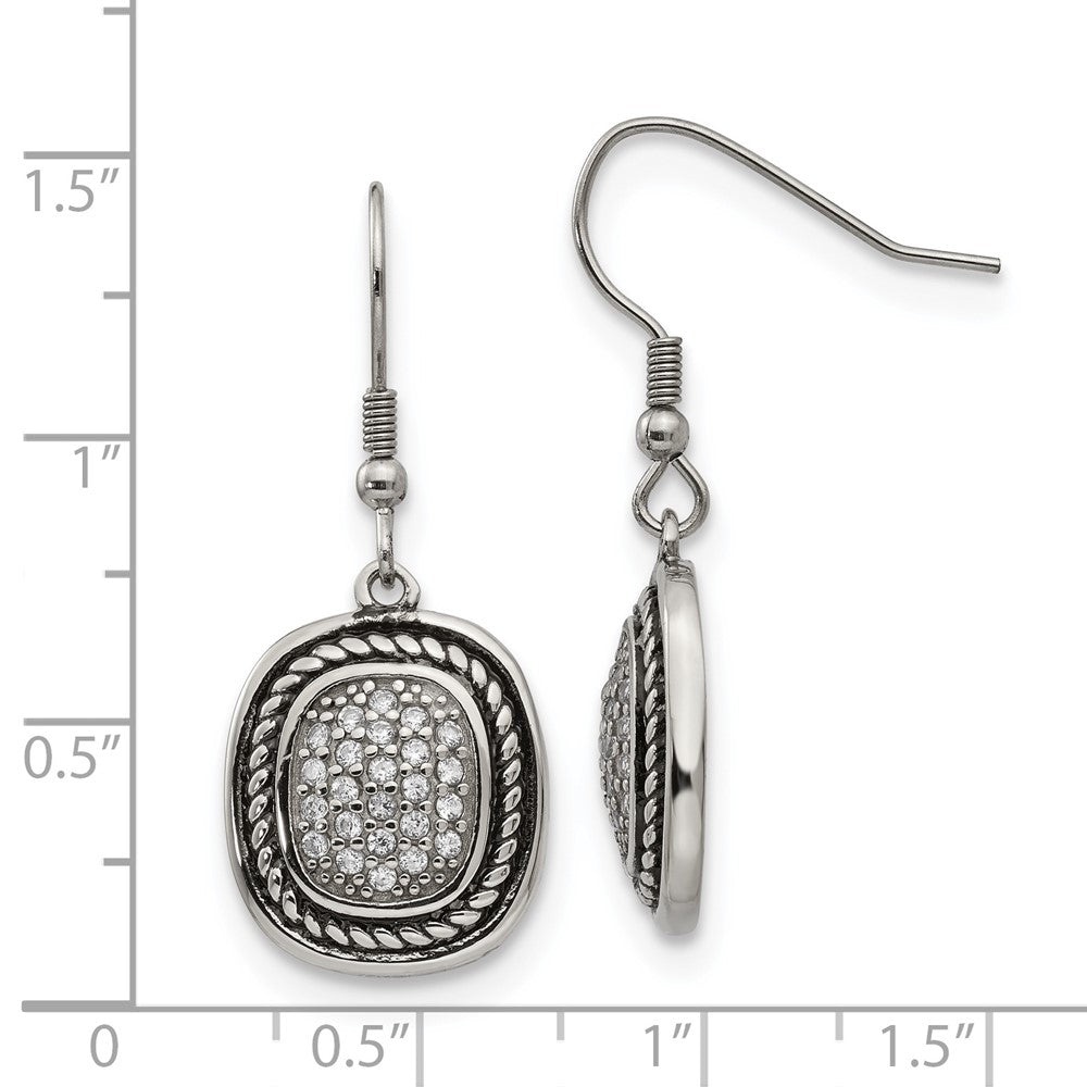 Chisel Stainless Steel Antiqued & Polished with CZ Dangle Shepherd Hook Earrings
