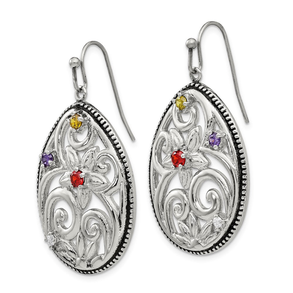 Chisel Stainless Steel Antiqued & Polished with Multicolor CZ Dangle Shepherd Hook Earrings