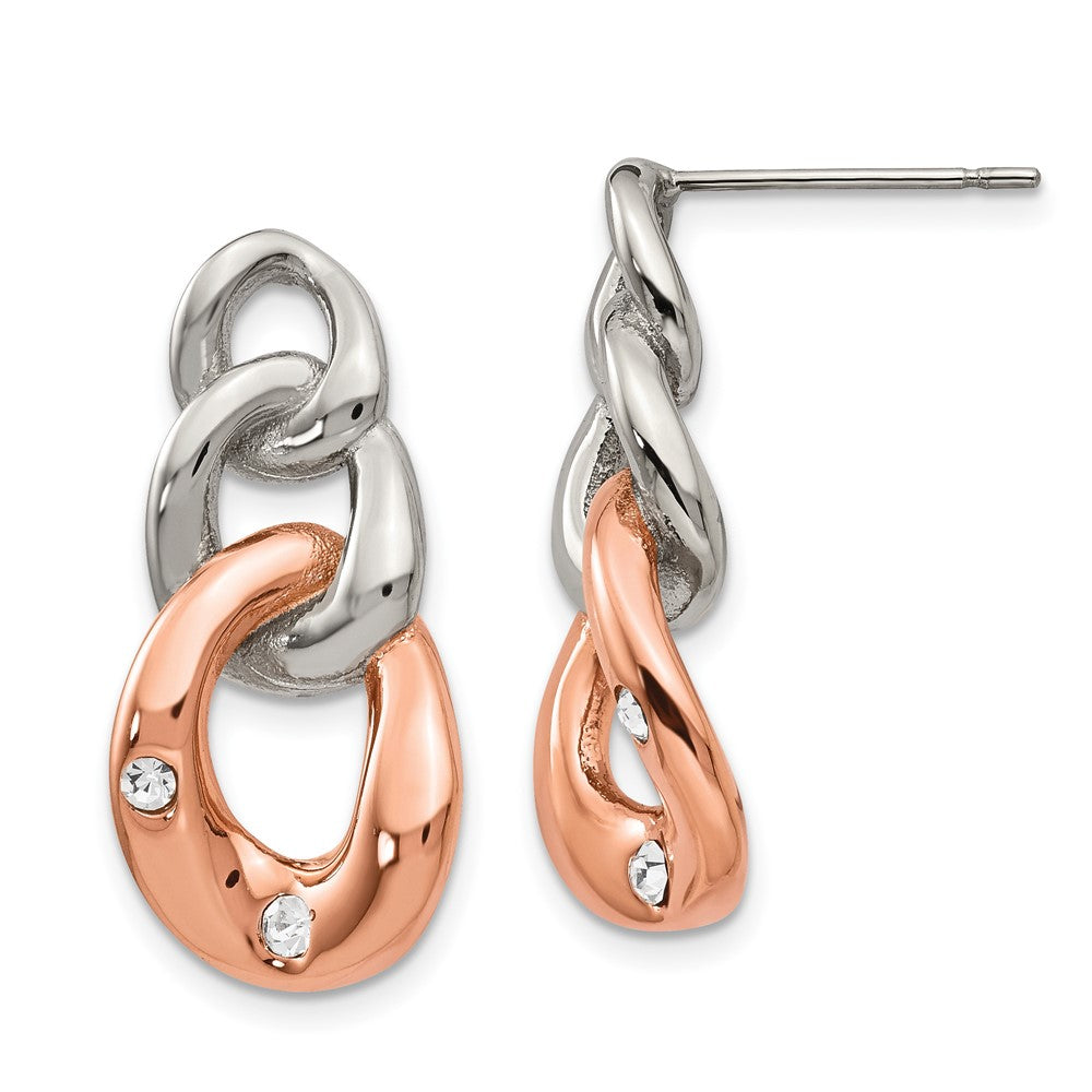 Chisel Stainless Steel Polished Rose IP-Plated Loop with Crystal Post Dangle Earrings