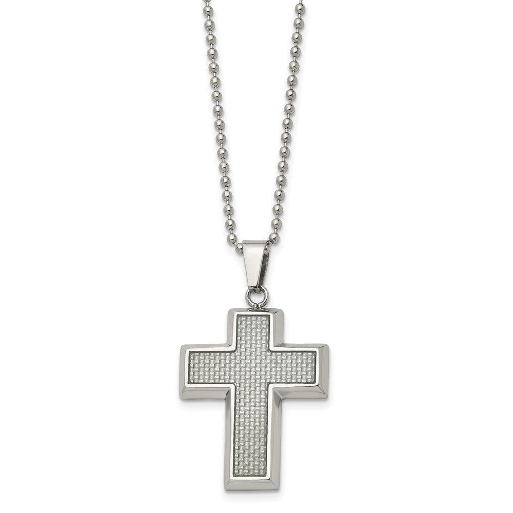 Chisel Stainless Steel Polished with Grey Carbon Fiber Inlay Cross Pendant on a 22-inch Ball Chain Necklace
