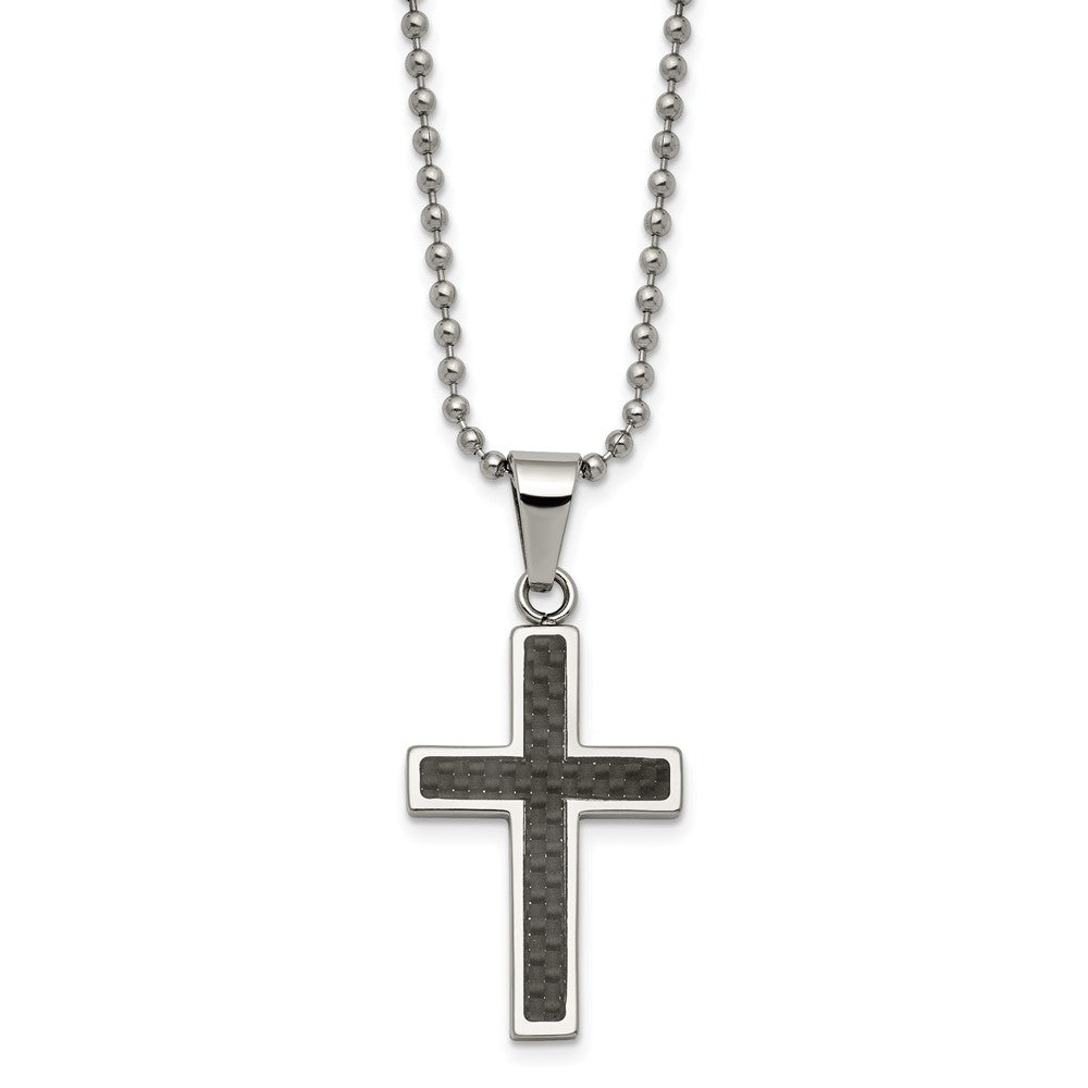 Chisel Stainless Steel Polished with Black Carbon Fiber Inlay Cross Pendant on a 22-inch Ball Chain Necklace