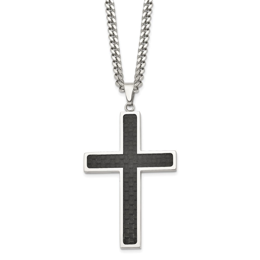 Chisel Stainless Steel Polished with Black Carbon Fiber Inlay Cross Pendant on a 24-inch Curb Chain Necklace