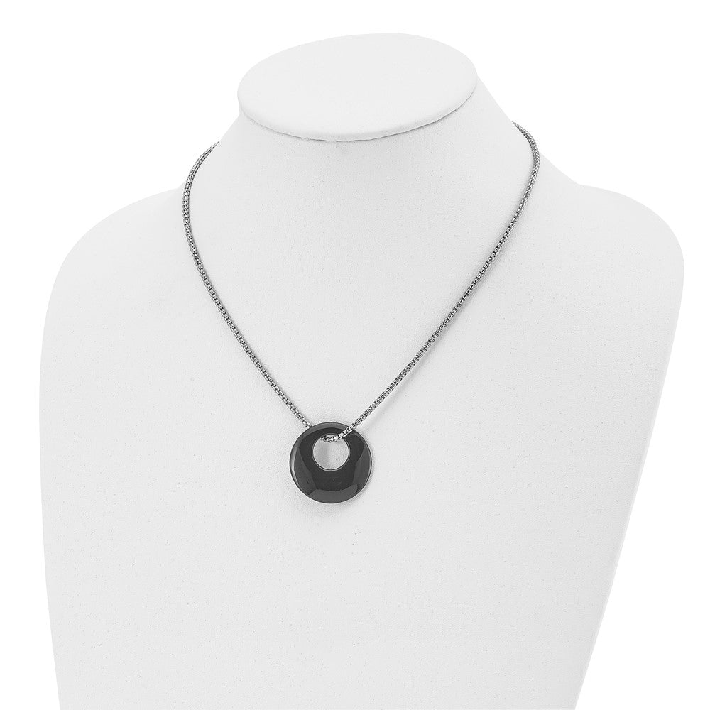Chisel Stainless Steel Polished Black Onyx Circle Pendant on an 18-inch Box Chain Necklace