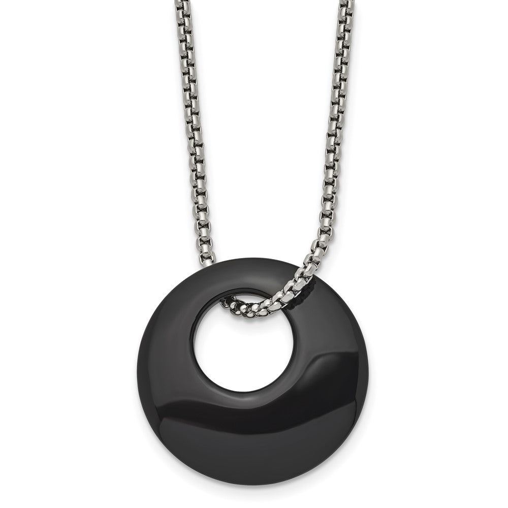 Chisel Stainless Steel Polished Black Onyx Circle Pendant on an 18-inch Box Chain Necklace