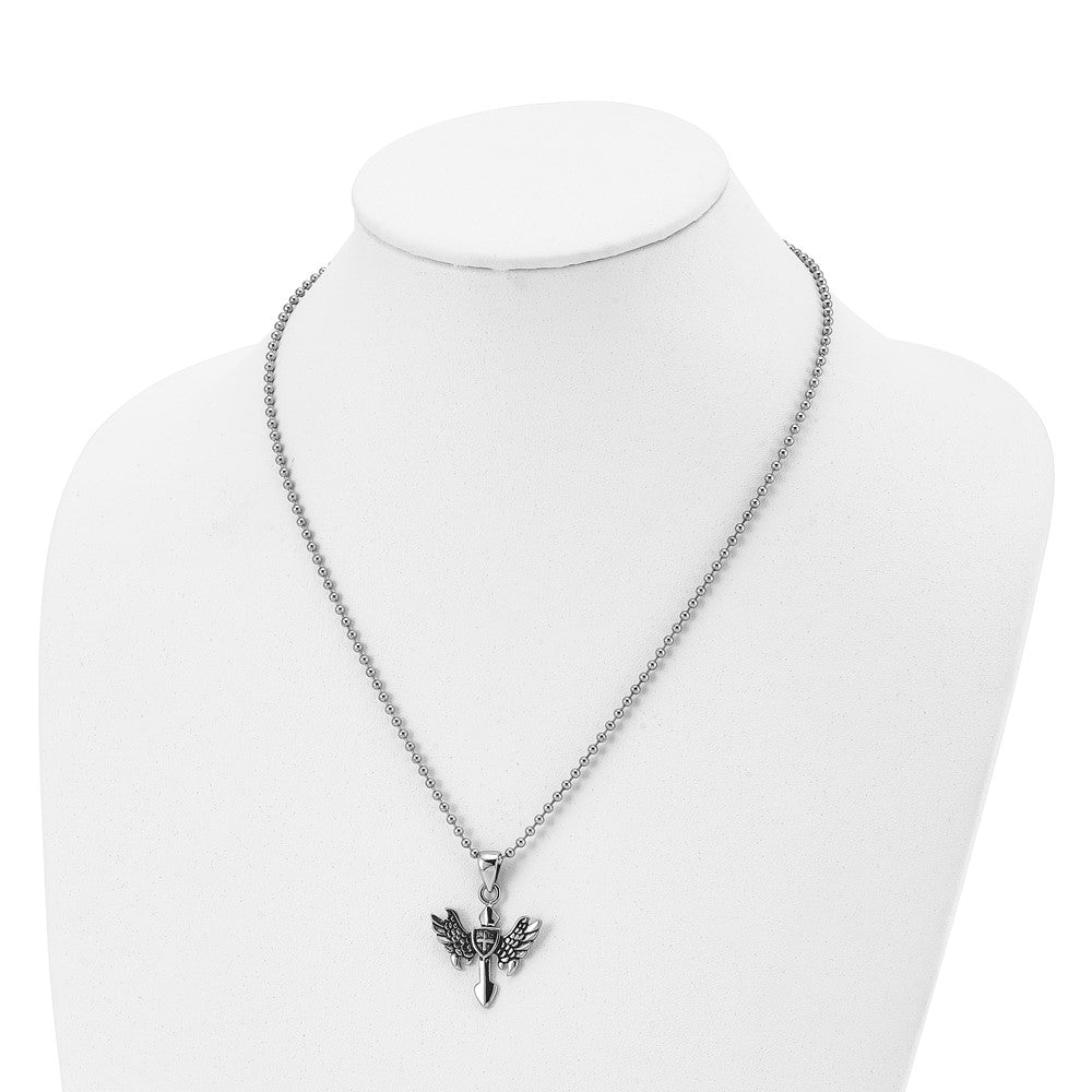 Chisel Stainless Steel Antiqued & Polished Cross with Wings Pendant on a 20-inch Ball Chain Necklace