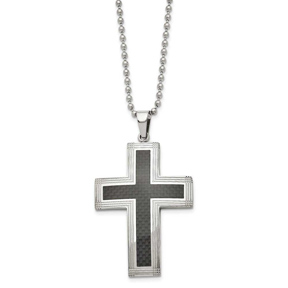 Chisel Stainless Steel Polished with Black Carbon Fiber Inlay Cross Pendant on a 22-inch Ball Chain Necklace