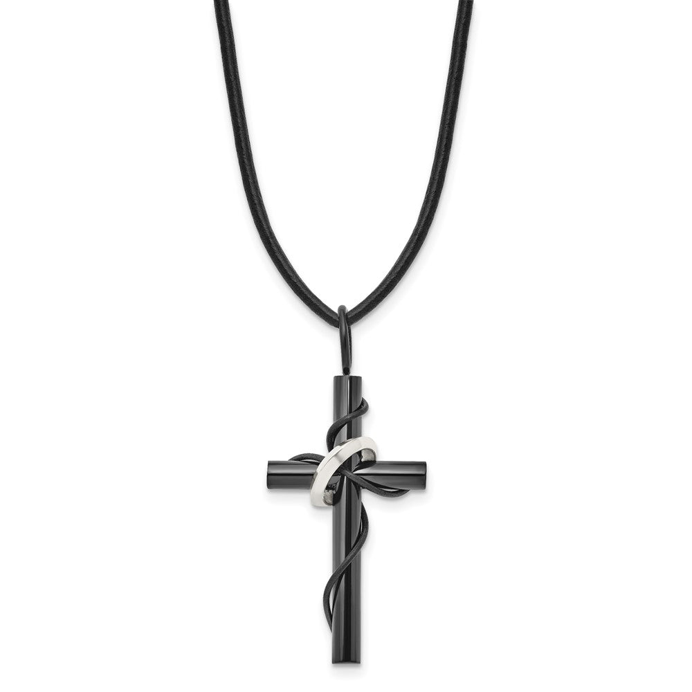 Chisel Stainless Steel Polished Black IP-Plated Cross with Ring on a 20.5-inch Leather Cord Necklace