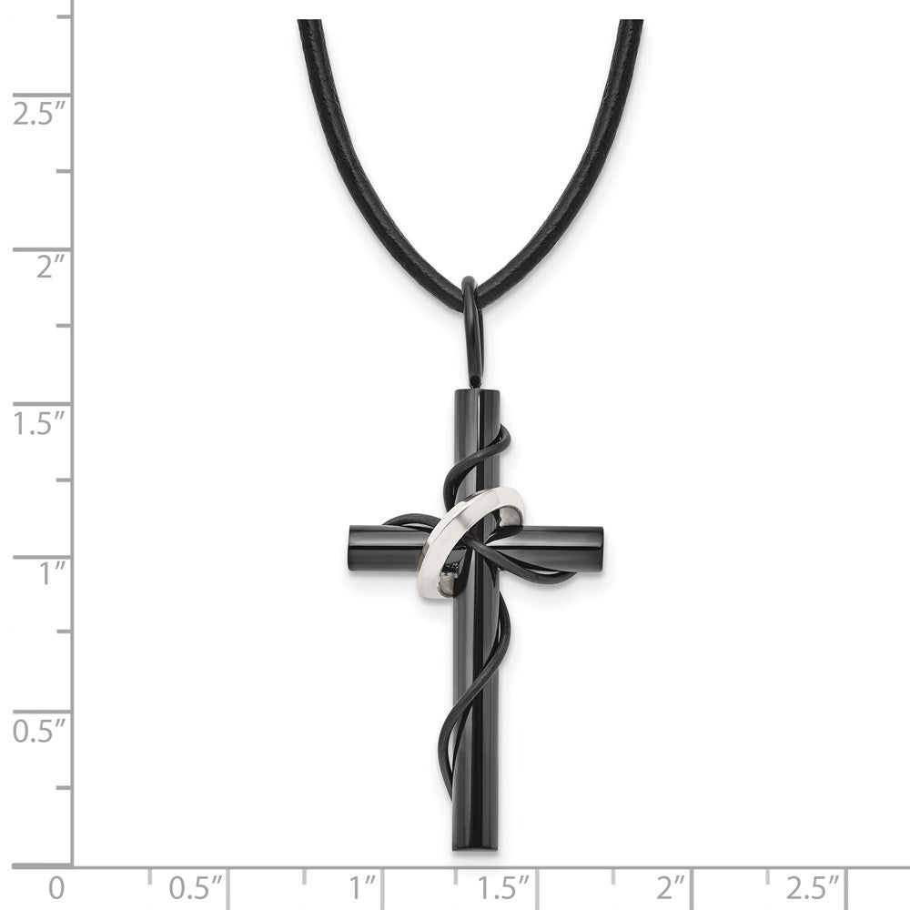 Chisel Stainless Steel Polished Black IP-Plated Cross with Ring on a 20.5-inch Leather Cord Necklace
