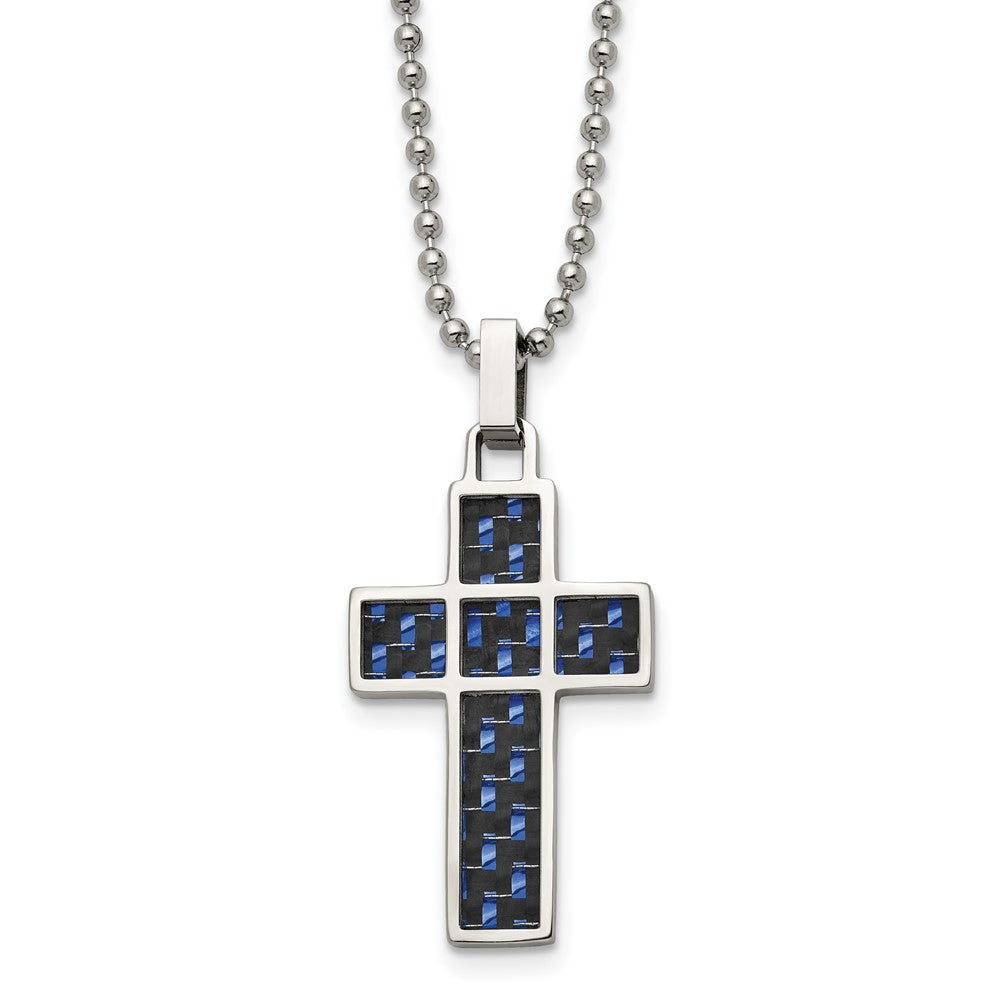 Chisel Stainless Steel Polished Black & Blue Carbon Fiber Inlay Cross Pendant on a 20-inch Ball Chain Necklace