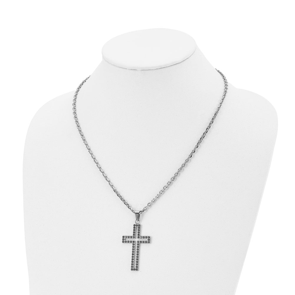 Chisel Stainless Steel Polished Black CZ Cutout Cross Pendant on a 20-inch Cable Chain Necklace