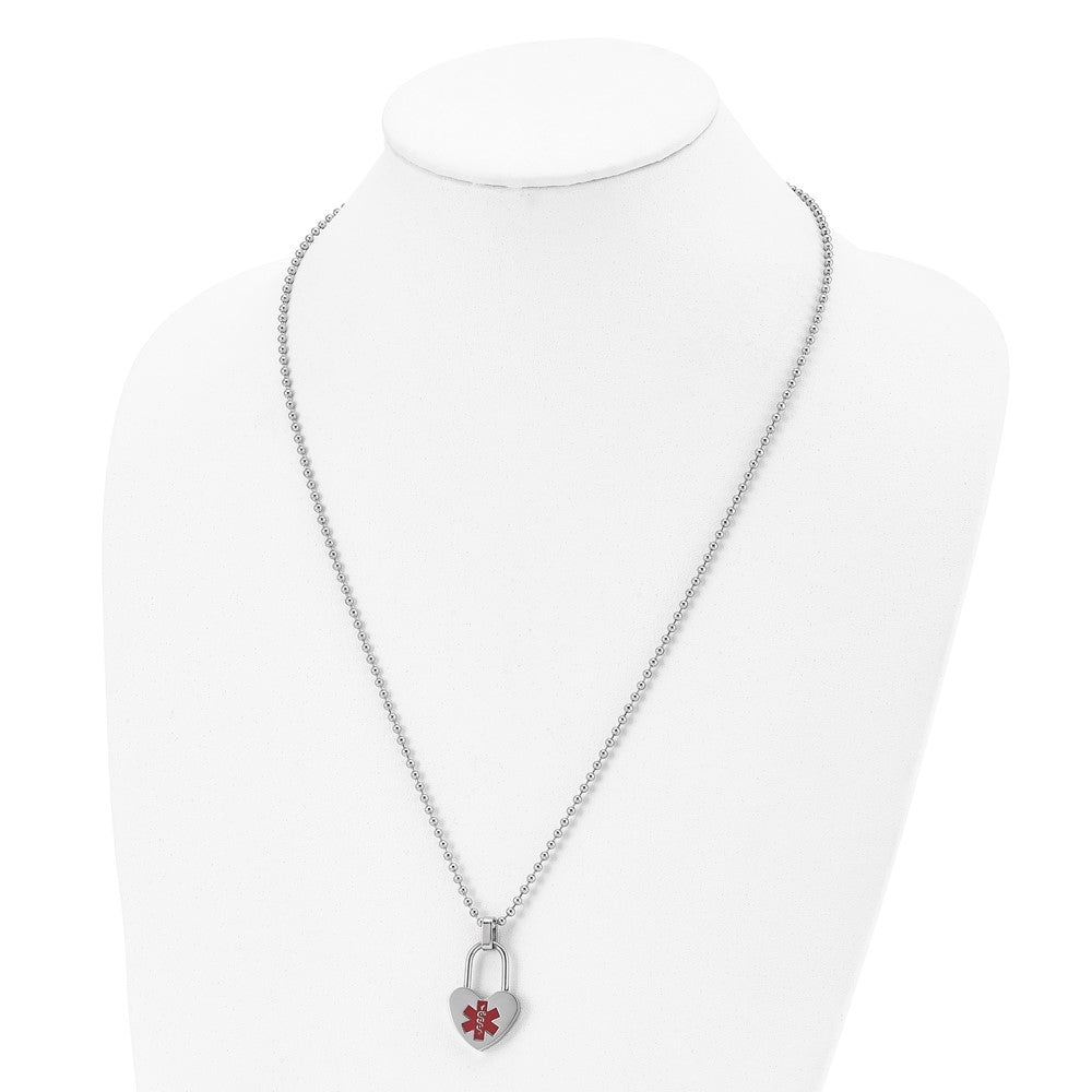 Chisel Stainless Steel Polished with Red Enamel Heart Lock Medical ID Pendant on a 24-inch Ball Chain Necklace