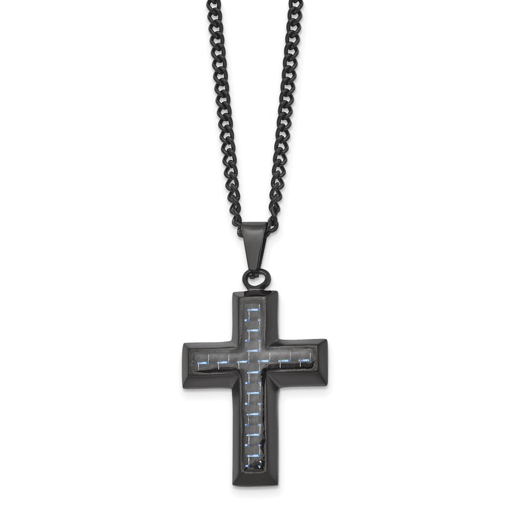 Chisel Stainless Steel Polished Black IP-plated with Blue Carbon Fiber Inlay Cross Pendant on a 24-inch Curb Chain Necklace