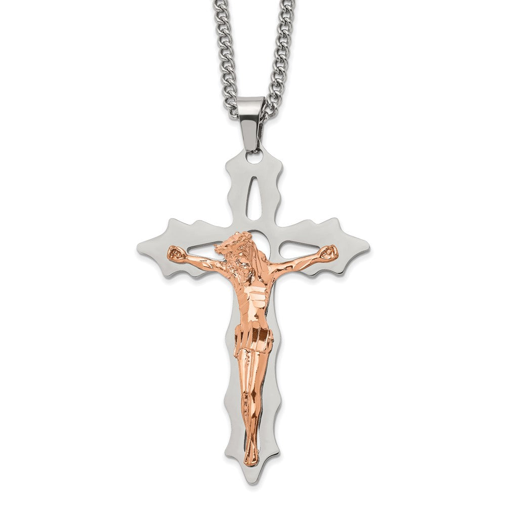 Chisel Stainless Steel Polished Rose IP-plated Cutout Crucifix Pendant on a 24-inch Curb Chain Necklace