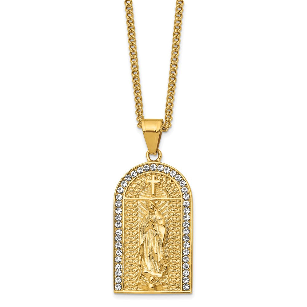 Chisel Stainless Steel Polished Yellow IP-plated with Crystal Blessed Mary Pendant on a 24-inch Curb Chain Necklace