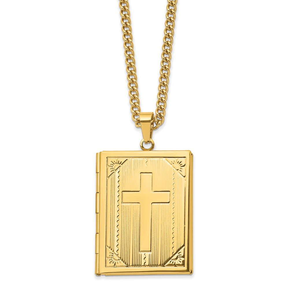 Chisel Stainless Steel Polished Yellow IP-plated Cross Bible Locket Pendant on a 24-inch Curb Chain Necklace