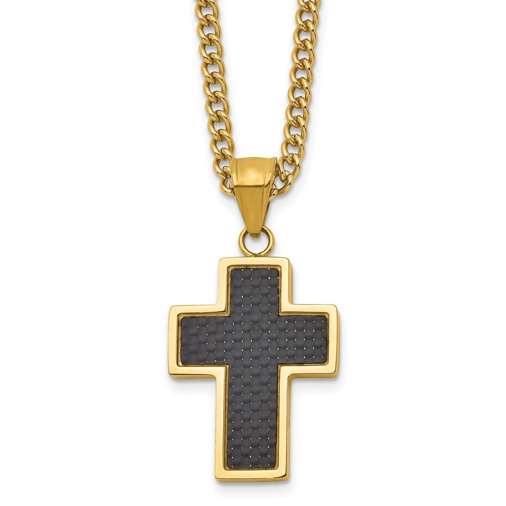 Chisel Stainless Steel Polished Yellow IP-plated with Black Carbon Fiber Inlay Cross Pendant on a 24-inch Curb Chain Necklace