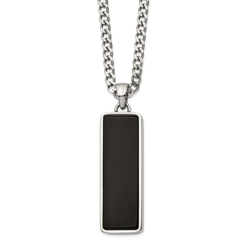 Chisel Stainless Steel Polished with Black Onyx Inlay Rectangle Pendant on a 22-inch Curb Chain Necklace