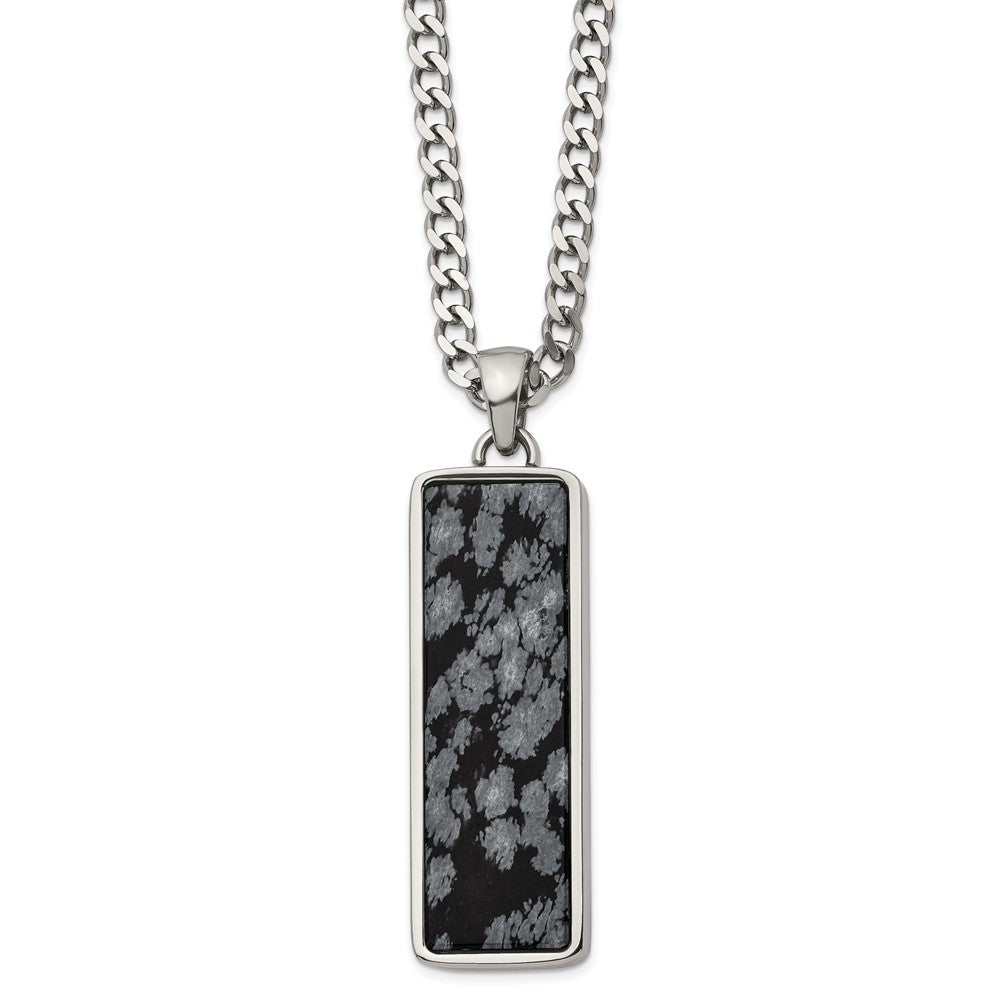 Chisel Stainless Steel Polished with Alabaster Stone Inlay Rectangle Pendant on a 22-inch Curb Chain Necklace