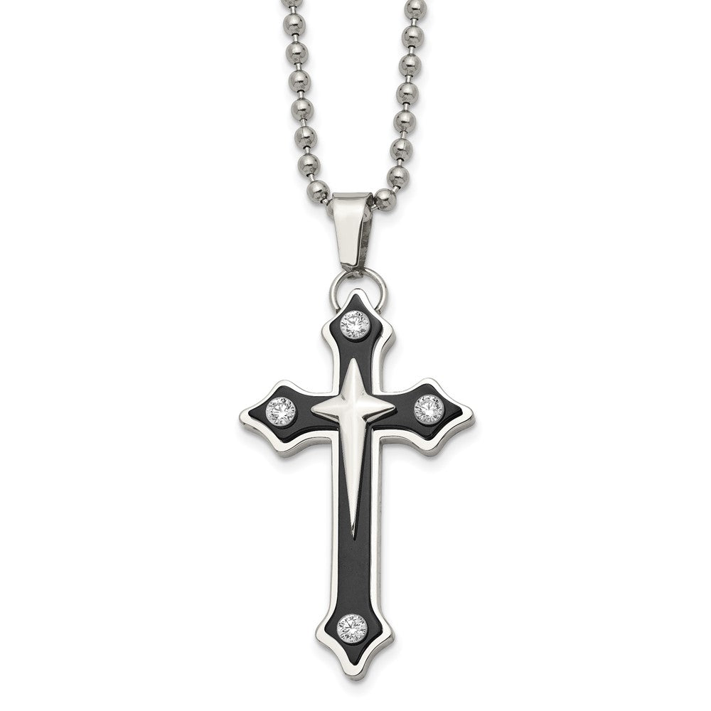 Chisel Stainless Steel Polished Black IP-plated with CZ Cross Pendant on a 20-inch Ball Chain Necklace