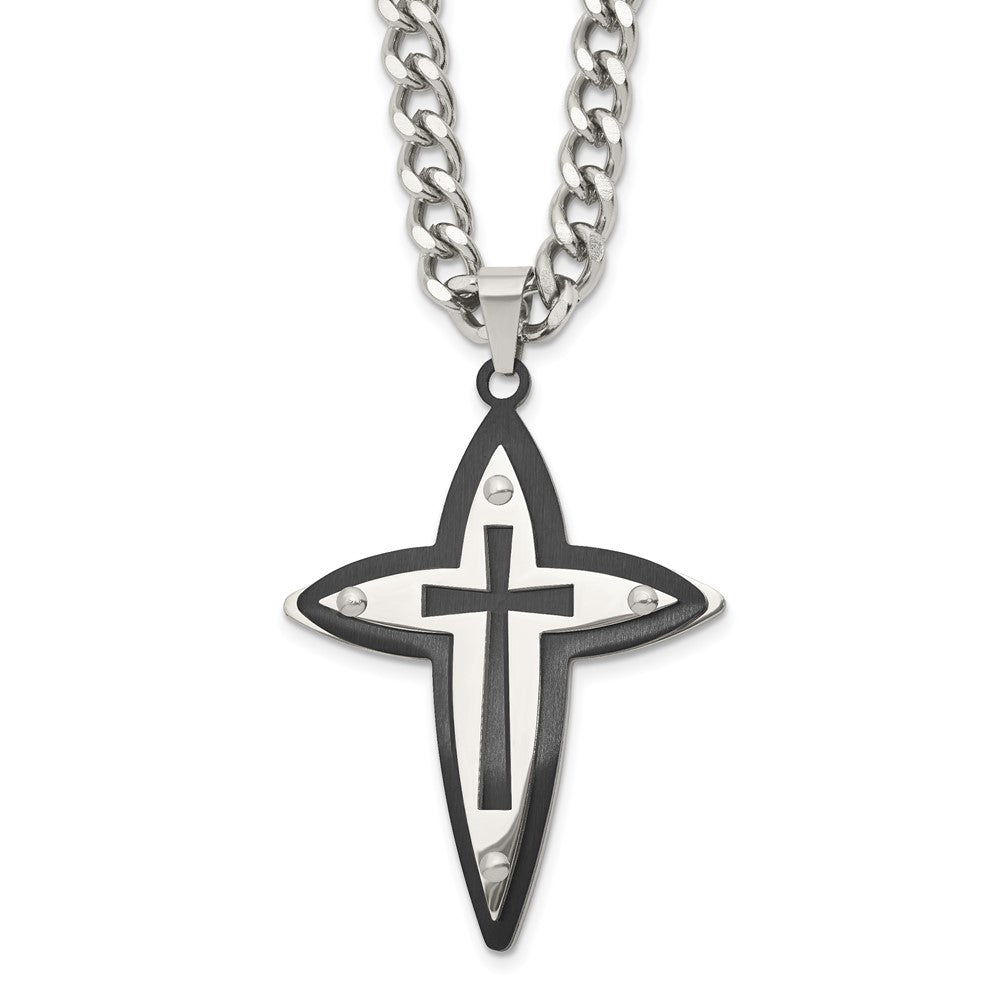 Chisel Stainless Steel Polished Black IP-plated Cross Pendant on a 22-inch Curb Chain Necklace