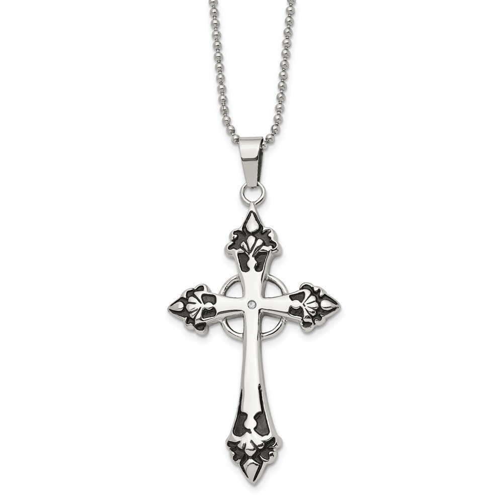 Chisel Stainless Steel Polished Enameled with .01 Carat Diamond Cross Pendant on a 24-inch Ball Chain Necklace