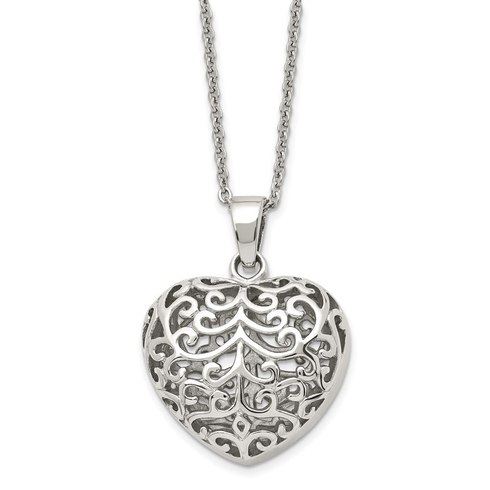 Chisel Stainless Steel Polished Filigree Puffed Heart Pendant on a 22-inch Cable Chain Necklace